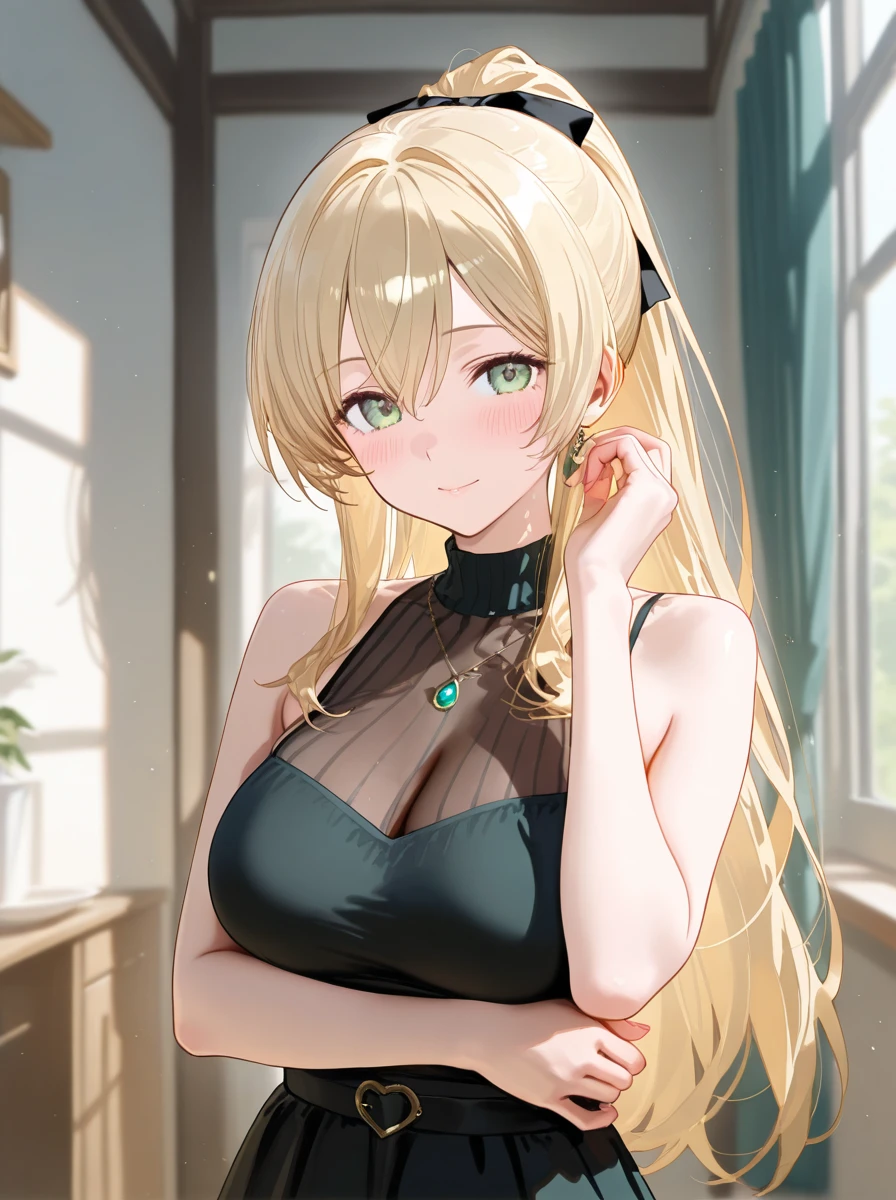 Blonde Hair, choker, (Green Eyes:1.5), Long Hair, Braided Hair, break bare shoulders, bra under tank top, bra, tank top, blush, blush stickers, clavicle, Have, Off the shoulder, (Blue clothes:1.5), break looking at viewer, break outdoors, city, break (masterpiece:1.2), highest quality, High resolution, Unity 8k, (figure:0.8), (Beautiful fine details:1.6), Highly detailed face, Perfect lighting, Highly detailed CG, (Perfect hands, Perfect ???????),(Blush all over face, Embarrassing)
