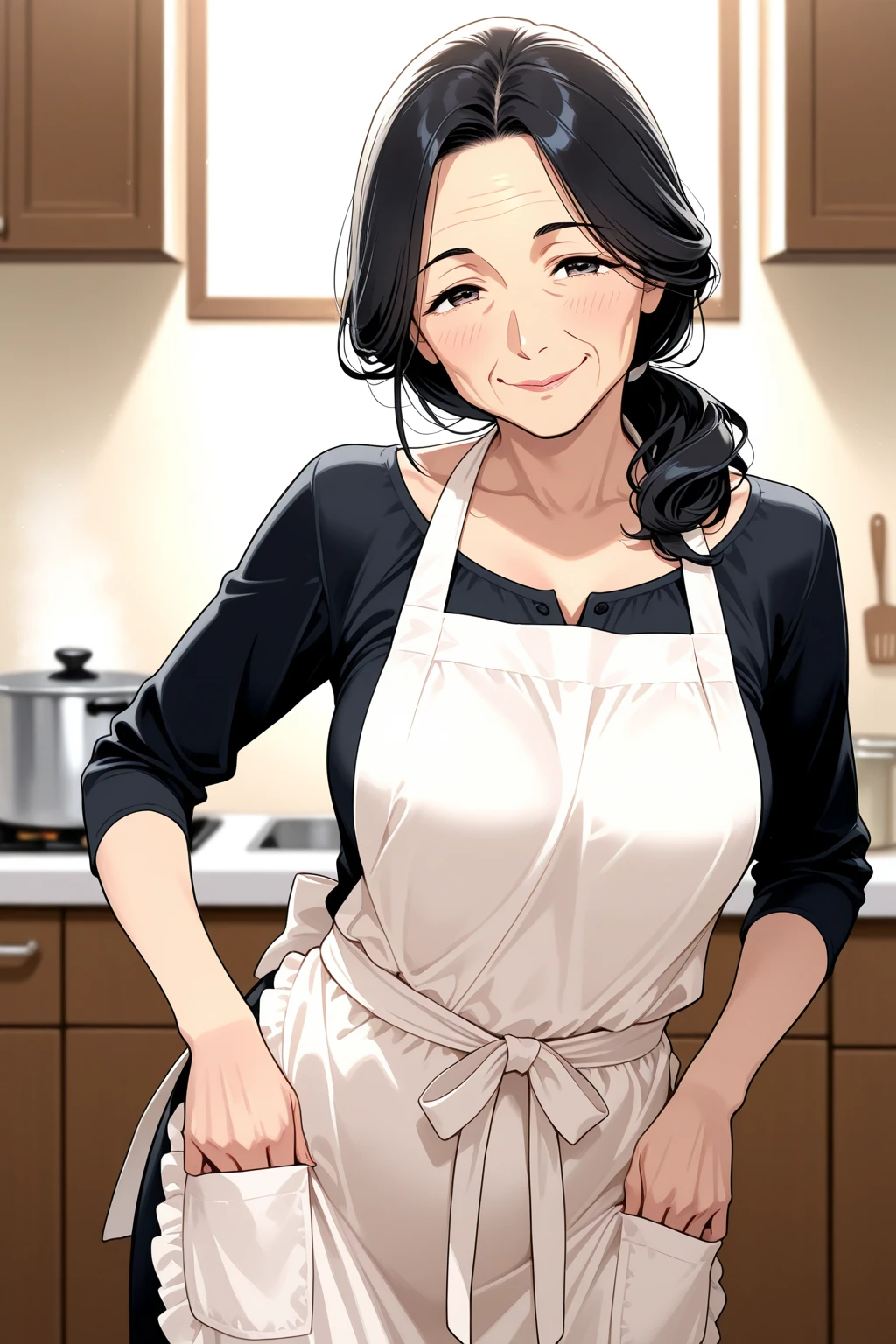 detailed illustration (side view),dynamic angle,ultra-detailed, illustration, pose for the camera, smiling at viewer, clean line art, shading, anime, 2020’s anime style, detailed eyes, detailed face, beautiful face,

Anime, 2d anime, cartoon anime, detailed illustration, dynamic angle, ultra-detailed, illustration, full body shot, 1girl, night time, 1950’s stay at home wife, button up blouse and long skirt, anime half closed eyes. A knowing smile, standing in kitchen, domestic goddess, black haired American woman, well endowed, wholesome yet , motherly, nurturing, 