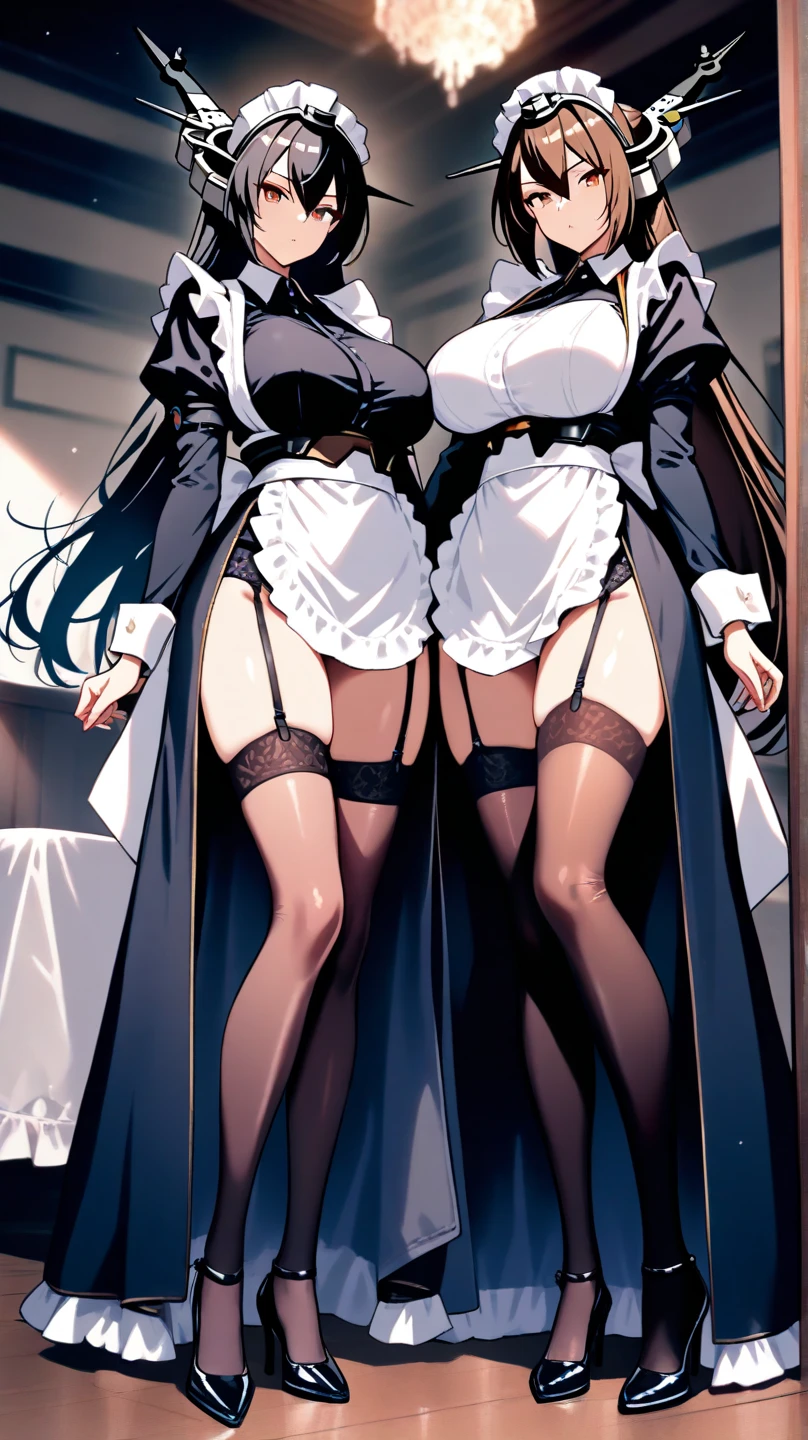 The body is slim、Masterpiece、Highest quality、Highest quality, (after that, shoes:1.2), Arm behind wrist, Standing posture、Long legs、1 girl, Ahegao, Cute eyes, black eye, Open your mouth, Drooping, The whole face turns red, alone, Crotchless panties, Big and ample breasts, (Straight bangs, Twin tails), White maid outfit、Side bust、Underbust、belly button、Walking through the mansion&#39;corridor