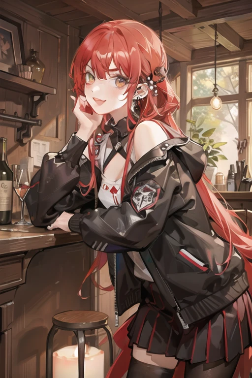 <lora:erisMushokuTensei_v1:1> eris greyrat,((good face)),(masterpiece), ahoge,bangs, bare shoulders, black hairband, dynamic,red hair,solo,wide shot,gloves,red eyes,long hair, flat chest, ((aurora:1.6)) , (ambient light ), empty-handed,solo,1girl,The stars twinkle, highres, mushoku tensei,night,sky,galaxy,star,night sky,sleepy,drowsy, drink,bottle