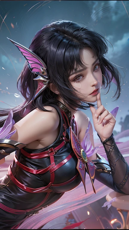 ((cowboy shot)), realistic detailed photo of a giant breasted girl with exposed shoulders, detailed fingers, high quality skin, red eyes, Alone in a winter landscape with clouds, wind, and flowing hair, (best quality,4K,8K,mackerel,masterpiece:1.2),very detailed,(realistic,photorealistic,photo-realistic:1.37),studio lighting,vivid colors