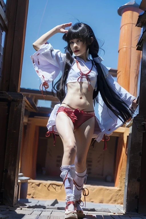 (*K) HD, highest quality, WorKs of masters, High resolution, spread legs、show white panties,1 girl, nezuKo Kamada, ((nezuKo of demon slayer)) super beautiful face, Super beautiful eyes, Super beautiful hair，trendy outfit，magazine cover，sexy and attractive，explosion of colors，BlacK color hair，Big hairpin，full body esbian，squatted
