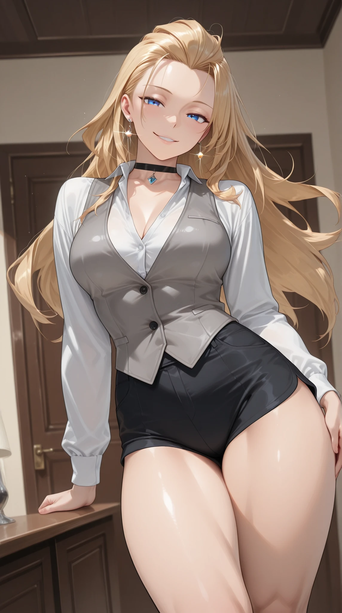 (masterpiece, Highest quality:1.2), １People Women。、Has long blonde hair、18-year-old、head band、Light brown skin、Large Breasts、Narrow waist、Big Ass、garter belt、pantyhose、skirt、In a suit