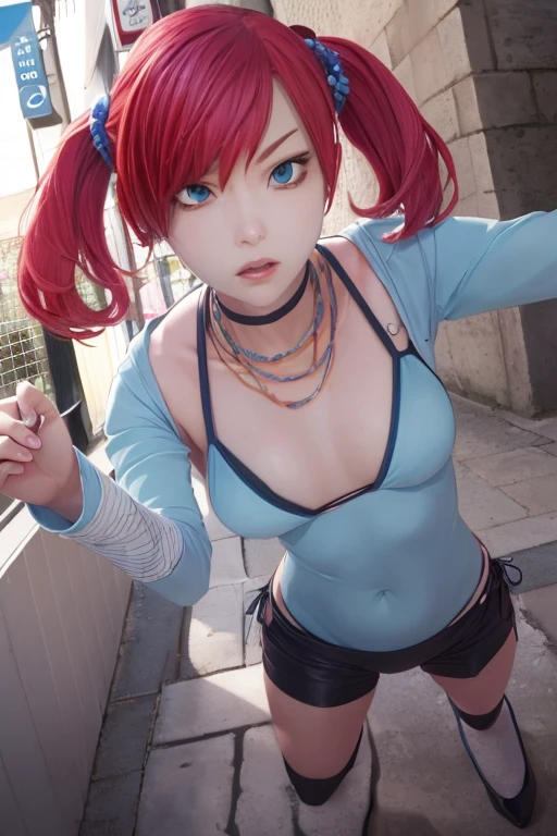master part, best quality, 1girl, sozinho, orange hair, short hair, shoulder-length hair, Cabelos lisos, olhos alaranjados, olhos redondos,, ((vestido de avental azul claro)), ((mangas compridas)), vestido na altura do joelho, Frescuras, (((faixa de cabelo de fita branca))), on the roof of a building, leaning against the fence on the roof, com vista para a estrada, as close as it can fall at noon, blue skies, clear sky, many balloons, Orange Balloons, Rindo, naked, sexy, hot, ahegao, rolling eyes,