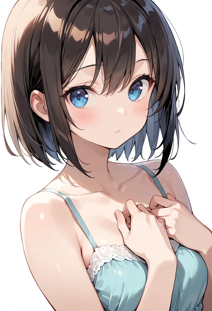 (highest quality), (Super detailed), (Best Illustration), (NSFW), (beautiful girl), (((from before))), (Upper body), ( white bra), (big breasts), brown hair, bob cut, hair between eyes, messy hair, wavy hair, ((embarrassing)), The whole face turns red, blue eyes, ((white background)),
