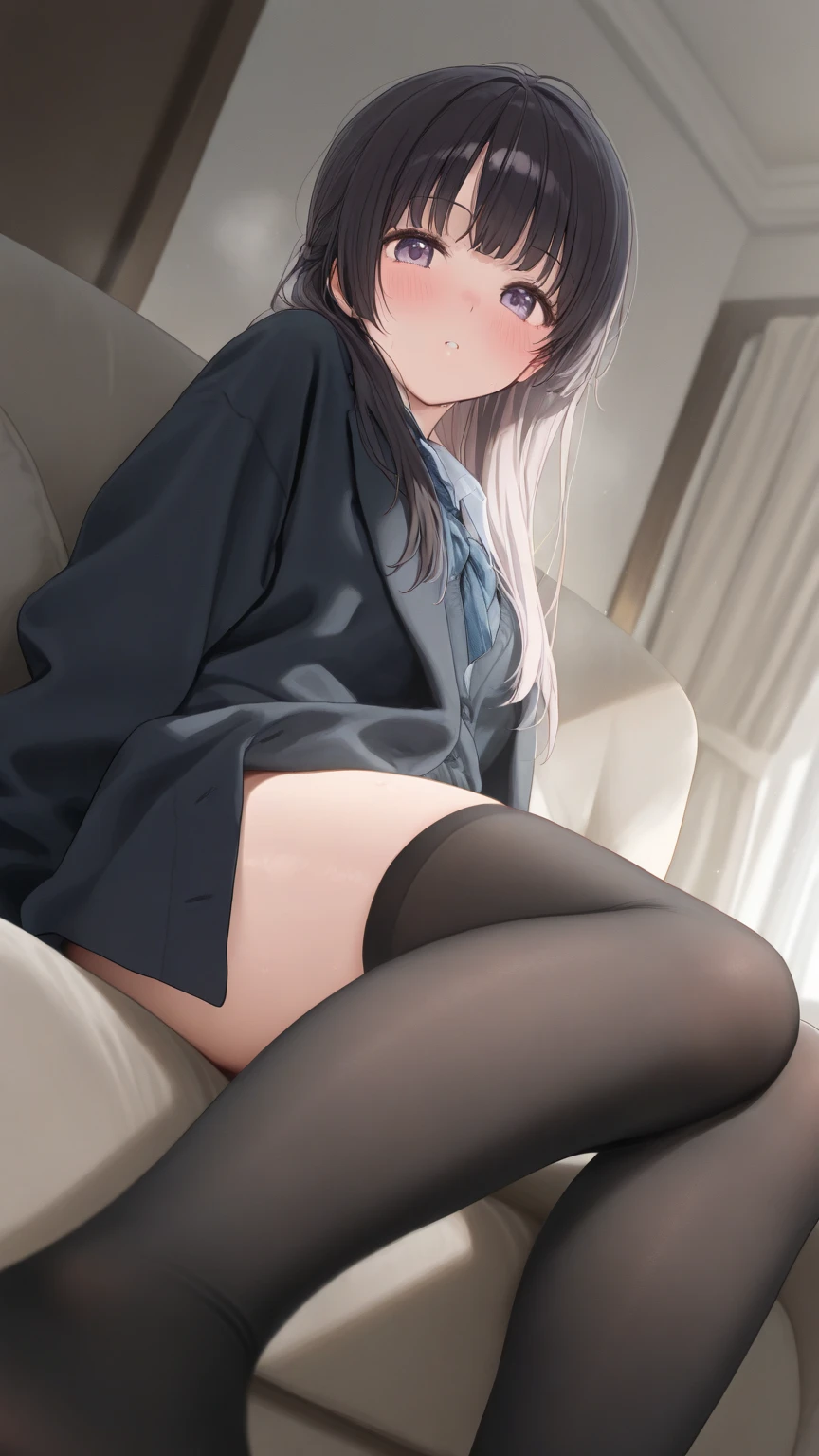 finest, masterpiece, High resolution, (Full body diagram from head to toe), front, frontやや下からの構図, symmetry, 18 year old tall girl, alone, (whole body from head to toe), (small breasts), Unkempt brown hair, bangs, (black tights), (black pantyhose), (sit with legs spread), (squatting pose), (Composition showing white panties), (her legs spread、I can see white pants.), (I was made to sit on the floor with my legs apart..), (M-shaped spread legs), thin legs, A very beautiful and tall 18 year old girl, (not wearing shoes), blush, shy big eyes, looking at camera, Blazer Uniform, plaid pleated skirt、nsfw