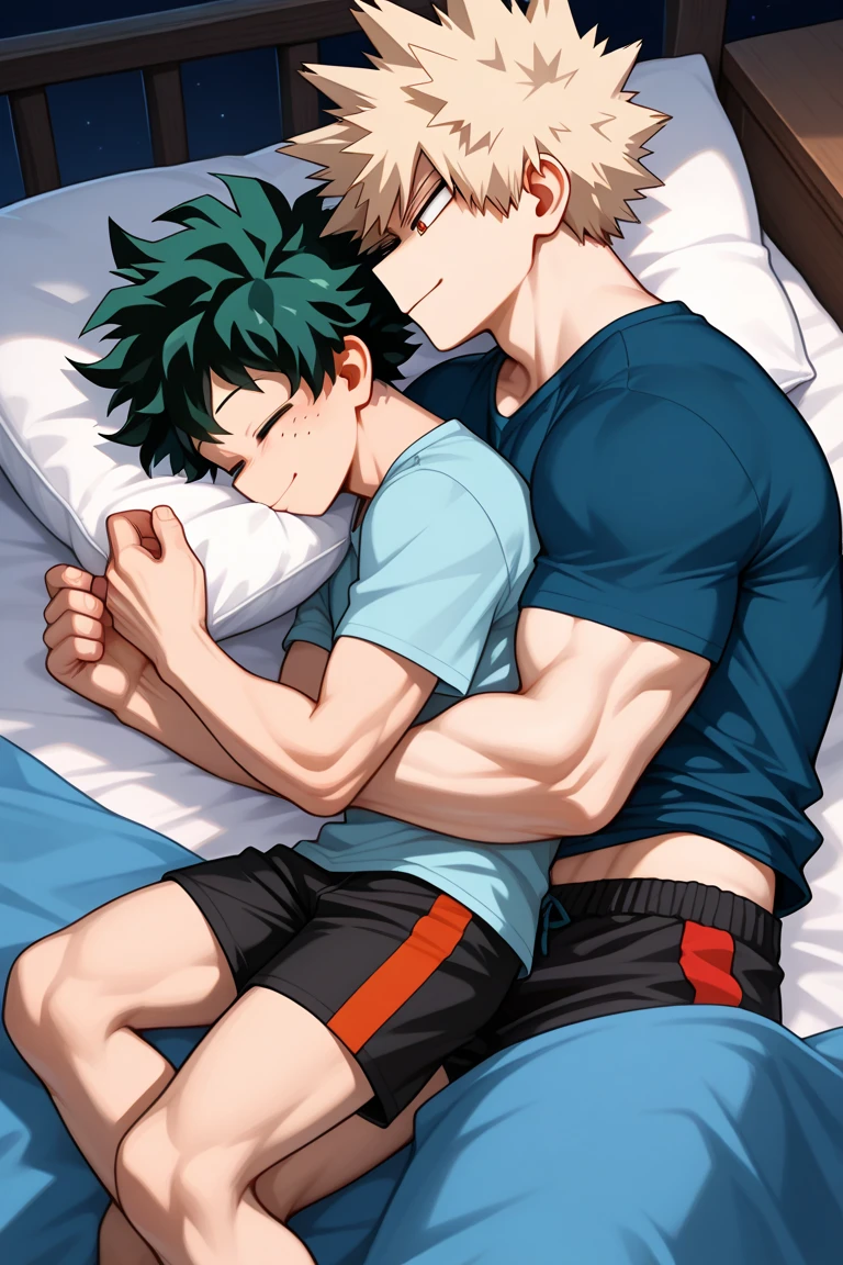 Gay Izuku Midoriya with few muscles with knee socks with black fishnet arm/ Handschuhen, der auf einem bett liegt und von bakugo gefickt wird