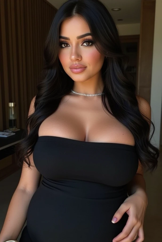 Kim kardashian, standing in a restaurant, tight black dress, (large breasts: 1.2), black hair, long wavy hair, (tan skin: 1.2), seductive, moaning, sexy, aroused, MILF, huge ass, thick thighs, dim lighting, long dress, long sleeves