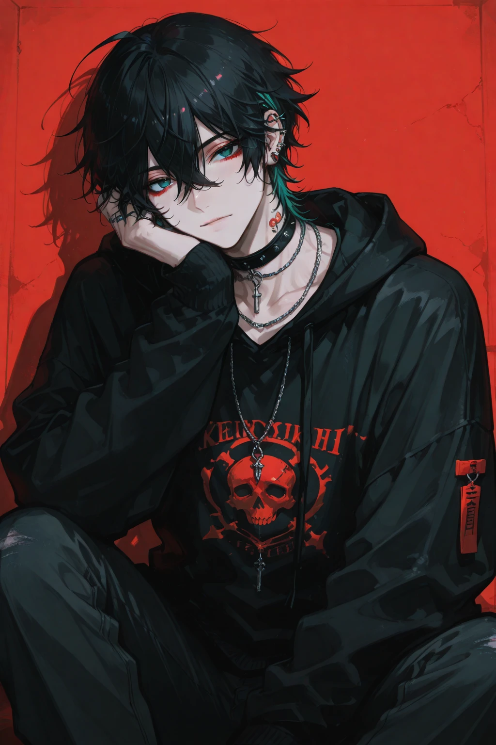 1male, adult, black hair, messy hair, headband, red eyes, tattoos on face, tattoos on arm, pale skin, choker, emo bracelets, earrings, black sweatshirt, grey sweatpants,tired expression, serious expression