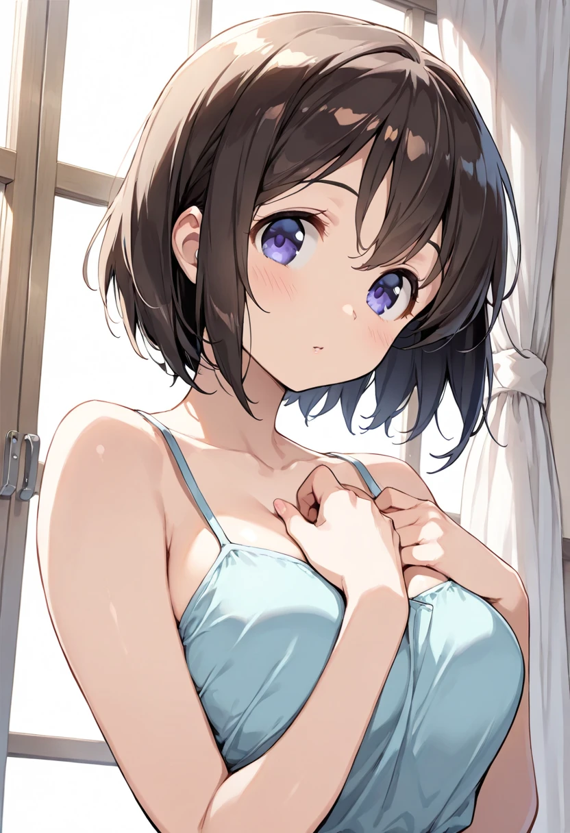 8k,Highest,quality,(highest quality:1.1), (masterpiece:1.4), (Confused:1.0), 1 person, Tsukino Azusagawa, hair ornaments, Bobcut, Short hair, brown hair, Purple eyes, Center of chest,((School Swimsuit)), Her Room, (blush:1.2), smile,（Perfect Fingers）,Squat,Spread your legs ,ass pov,Heavy breathing,mesugaki,