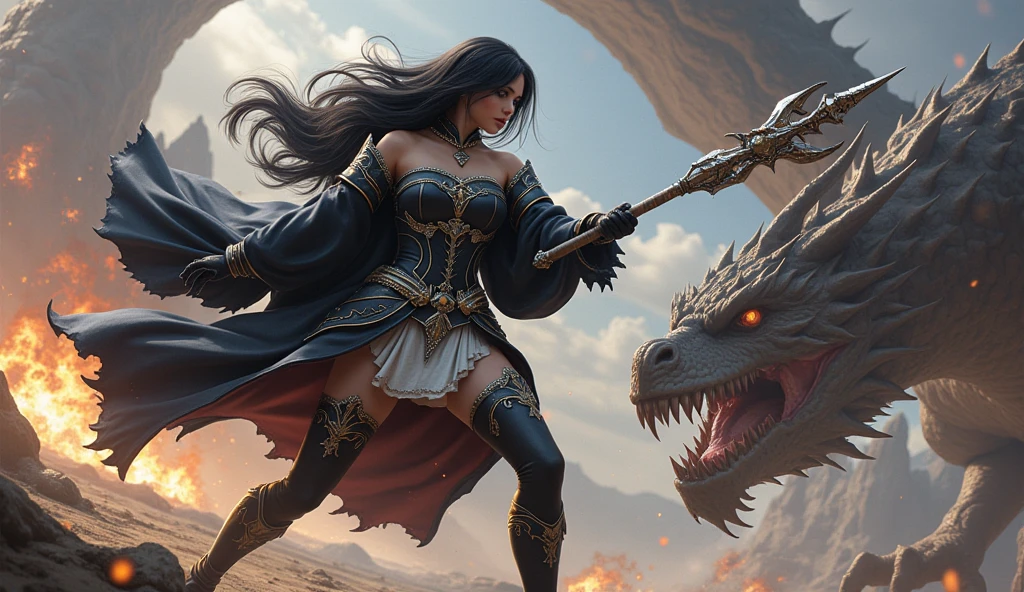 ((best quality)), ((masterpiece)), (detailed), A digital illustration of a furious queen fighting off crowd of monsters with a sword in a desert stormy setting. The woman has long black hair and is wearing a full traditional queen war attire. 
