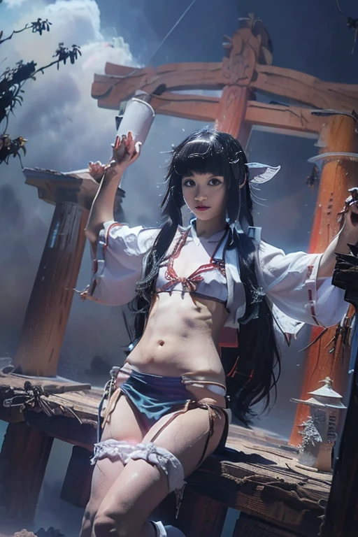 masterpiece,high detail,best quality,super detail, blush, happiness, lying, Anime, ((Miko)), 1girl, cute, (from front,looking at viewer), (tied up with rope:1.5), (slender:1.3), (long hair:1.5), black hair, belly button, night, blue hour, candle, ((shrine)), Japanese style room, Shoji