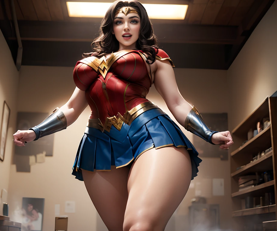Uhd, ultra realistic, masterpiece, Melissa Benoist, in Glossy enamel supergirl costume, (DARK HAIR:1.5), in the water, blue eyes, perfect body, slim, breasts, professional lighting, smiling, sexy, provocative pose, (wide hips:1.2), (chubby:1.2), (huge breasts:1.5), Hyper_girl, ((sitting at school desk with legs spread,))