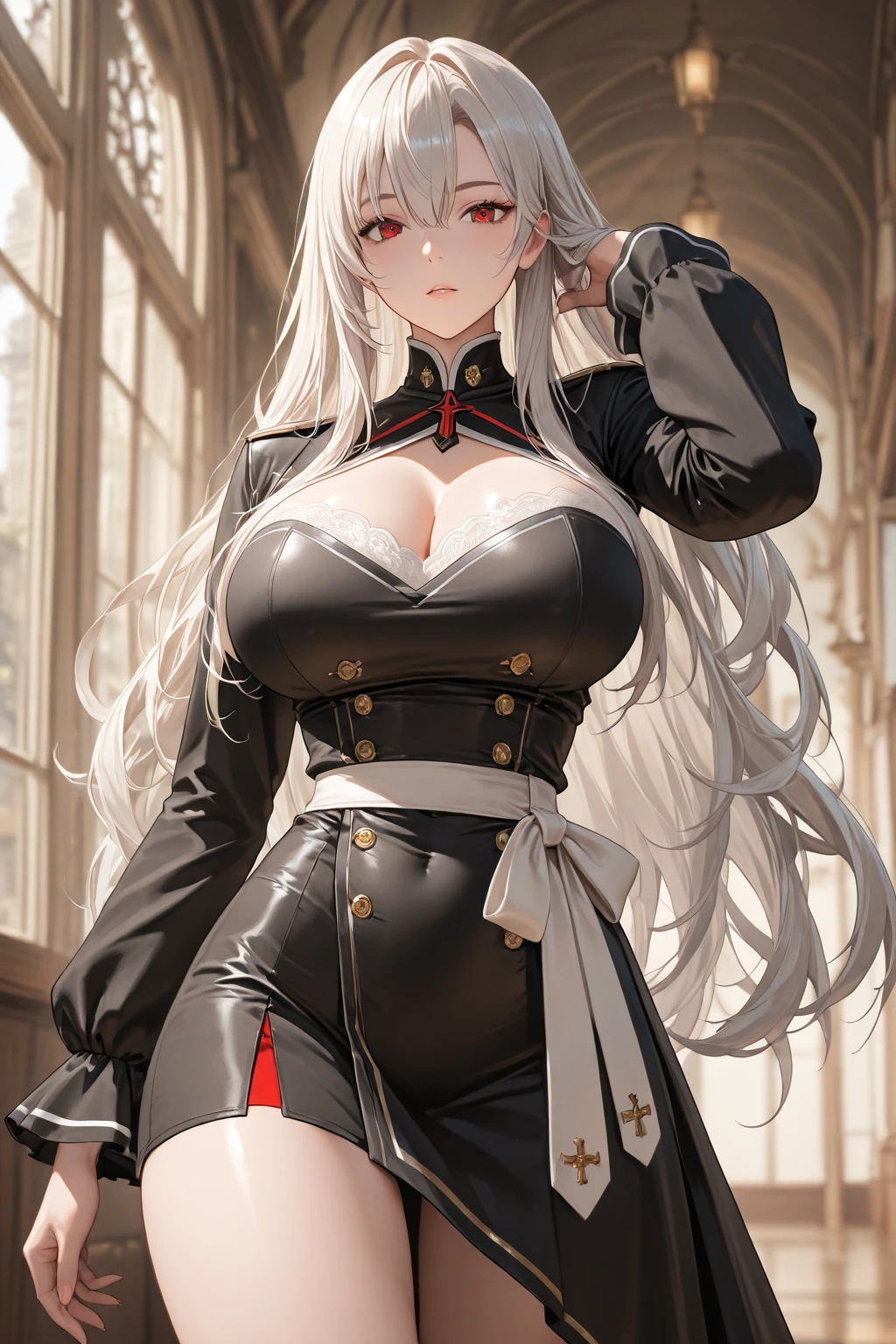 looking from above，（（best qualtiy）），（（tmasterpiece）），（the detail），1girll，She wore a revealing white dress。The dress exposes the shoulders and navel，Fits the body，It beautifully accentuates its curves。Her skin was as white as ivory，Soft and smooth to the touch。Her branded hair is straight and shiny。Her long hair ran down her back，Make her figure look more beautiful。Her eyes were big and deep indigo。Her lips are painted with cherry-colored lipstick，Plump and raised。Her figure is somewhat mysterious，looking at viewert。She is in a minimalist、Simple and stark white room。Her face was beautifully trimmed，Her eyes and nose are clear。The big black eyes are attractive，It exudes a deep and subtle light。Her hair was long and shiny，Her ethereal beauty further enhances her charm。Her mouth is small，Well-shaped lips sparkle。Her skin is smooth，Tremendously beautiful，Almost silky。Her breasts and buttocks were large，The slender waist has a smooth line，The are beautiful。，（，，，），long drooping，long drooping，Abs，Wear white stockings