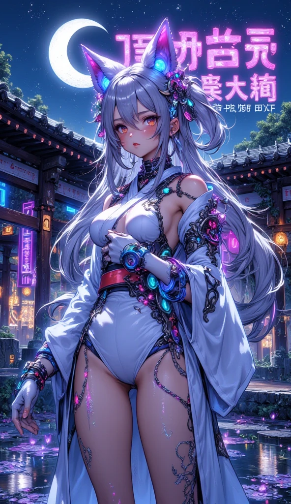 (photorealistic:1.8, highest quality:1.8,8K masterpiece:1.8,High resolution,muste piece:1.8,RAW Photos,cinematic lighting),No split screen, cyber punk、Back alley at night in the city、rain-soaked ground、vapor、
(1 android girl:1.3)、Completely naked、full body tattoo、choker、beautiful breasts、Nipple piercing、kimono、Furisode、beautiful butt,beautiful thighs,plump nipples、Nipples are visible through the costume,cameltoe,Body painting with a pop design drawn all over the body、pop art design、cutting edge fashion、conceptual art、
(Beautiful shining blue black and white hair:1.5)、Disdainful
