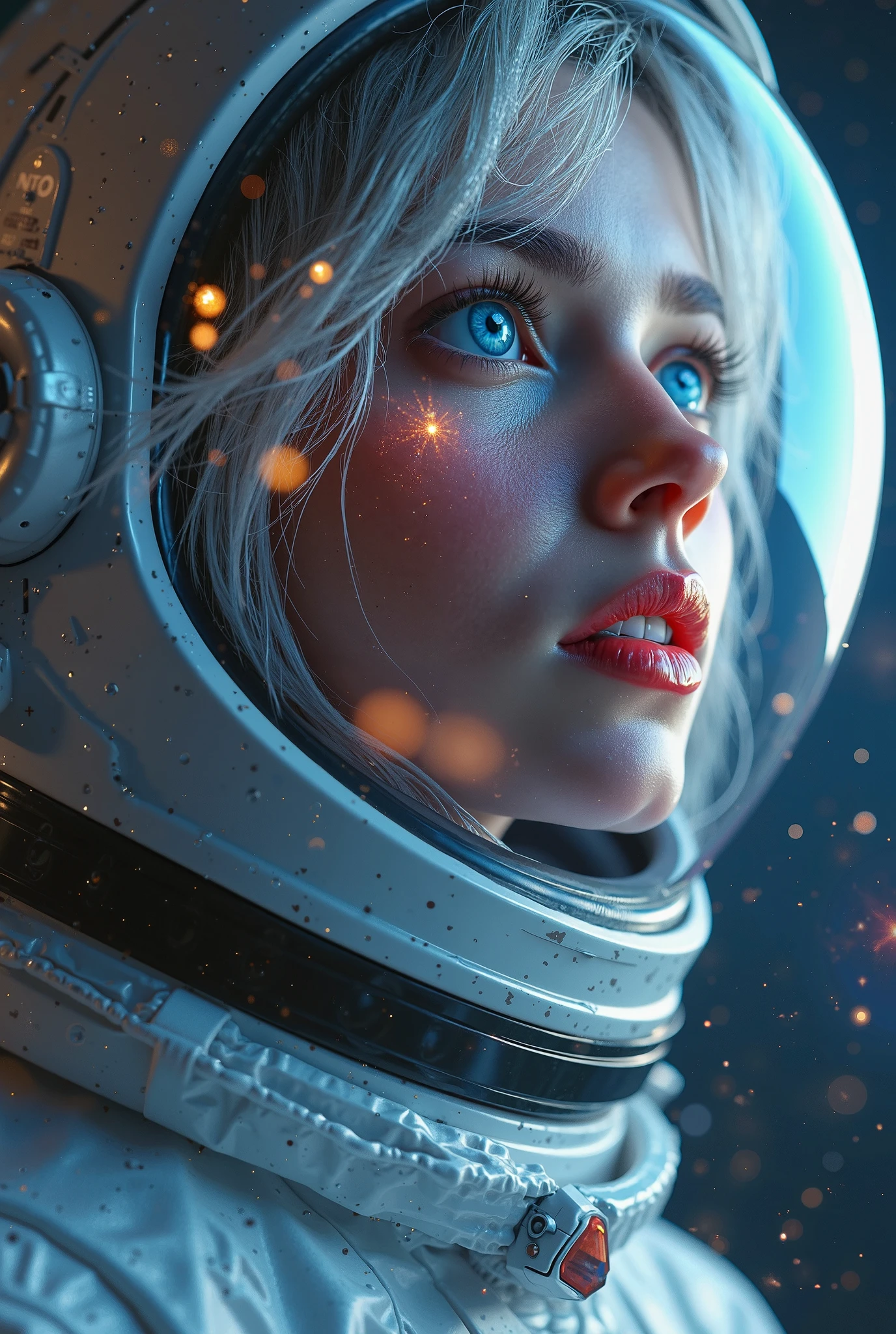(full body portrait masterpiece:1.5)0.9], (Space and astronauts:1.2) (Messy silver hair:1.1) (Heterochromia xanthochromia and blue eyes:1.2) (Space Helmet:1.0) (Colored stars in the eyes:1.0) (A radiant glow:1.1) (thick lips:0.9), photorealism, fully raytraced, starting in wonderment at the beauty of space, a reflection of a distant nebula reflected on her surface suit visor