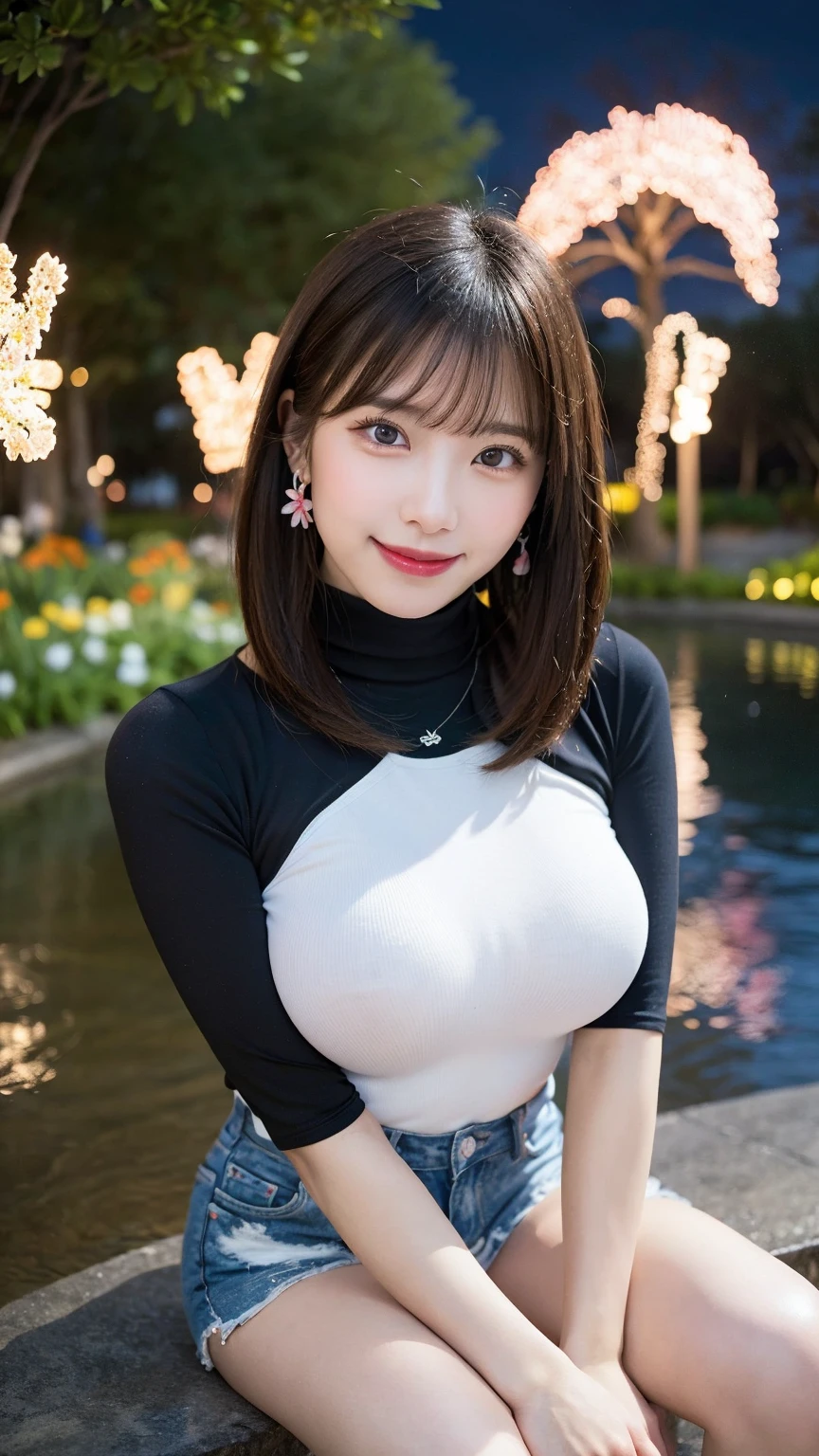Highest quality, masterpiece, Ultra-high resolution, (Realistic:1.4), Beautiful woman, ((Big Breasts:1.3)), (((Short Bob))), (((Brown ash))), Beautiful Skin, Fine skin, 魅惑的なsmile, Background blur, smile, Hair over the ears, beautiful girl, Fair skin, Voluptuous, Plump body, ((A tight shirt that fits your soft chest))、hot pants、City of night、Tokyo at Night