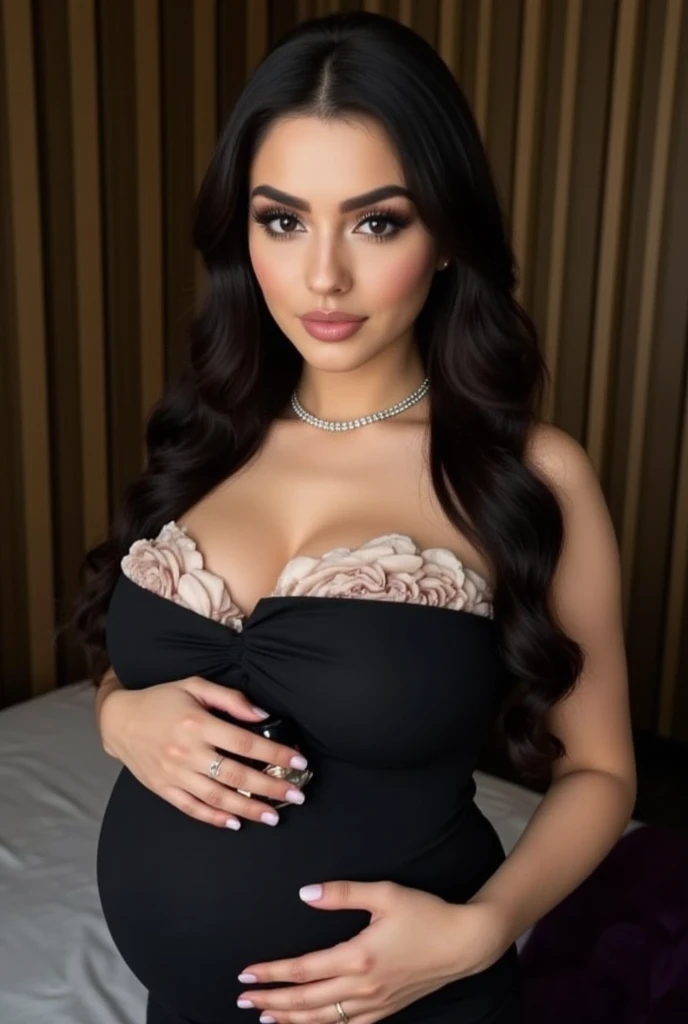 A full-length photoshoot of a beautiful woman in a luxury hotel, shot in cinematic quality. She has a glowing chest with deep cleavage, smooth white skin, and wavy black hair with highlights. Her dress matches her hairstyle perfectly. Her eyes are big, shaped, and vividly colored, with clear iris patterns and long eyelashes. She has a plump face with beautiful makeup, and her lips are attractively colored. Her body is plus-size with a high waist and thick thighs, giving her a royal and gorgeous appearance.