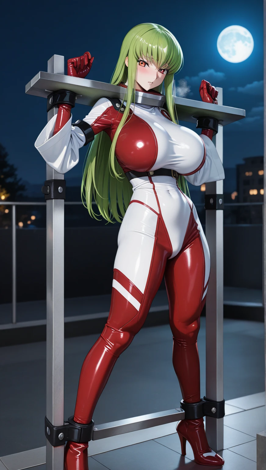 (masterpiece, best quality, cinematic, photorealistic, ultra-detailed), 1girl, sexy body, (medium shot, from behind:1.5), perfect hands, wide hips, (bursting breasts, large cleavage:1.3), (round ass), (long and sleek green hair, with bangs and white highlights:1.4), (seductive pose:1.4), (gray eyes, detailed eyes, detailed pupil, blushing, fluffy lips, thick lips, red lips, glossy lips), (wearing a sleek red leather suit:1.5), (leaning at the wall), (half-naked)
