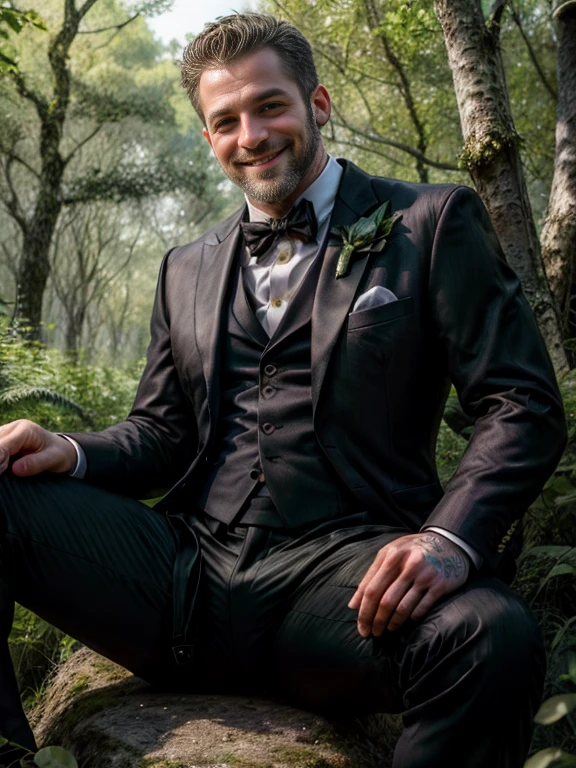 full realistic view, photografic, all body , Beautiful middle-aged thin man with a small beard, smiling face,some tatoos in arm and leg, (dressed ingrey elegant weeding suit)  in a  and ininuating pose, the blackground is a green forest in a sunny day