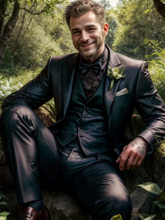 full realistic view, photografic, all body , Beautiful middle-aged thin man with a small beard, smiling face,some tatoos in arm and leg, (dressed ingrey elegant weeding suit)  in a  and ininuating pose, the blackground is a green forest in a sunny day