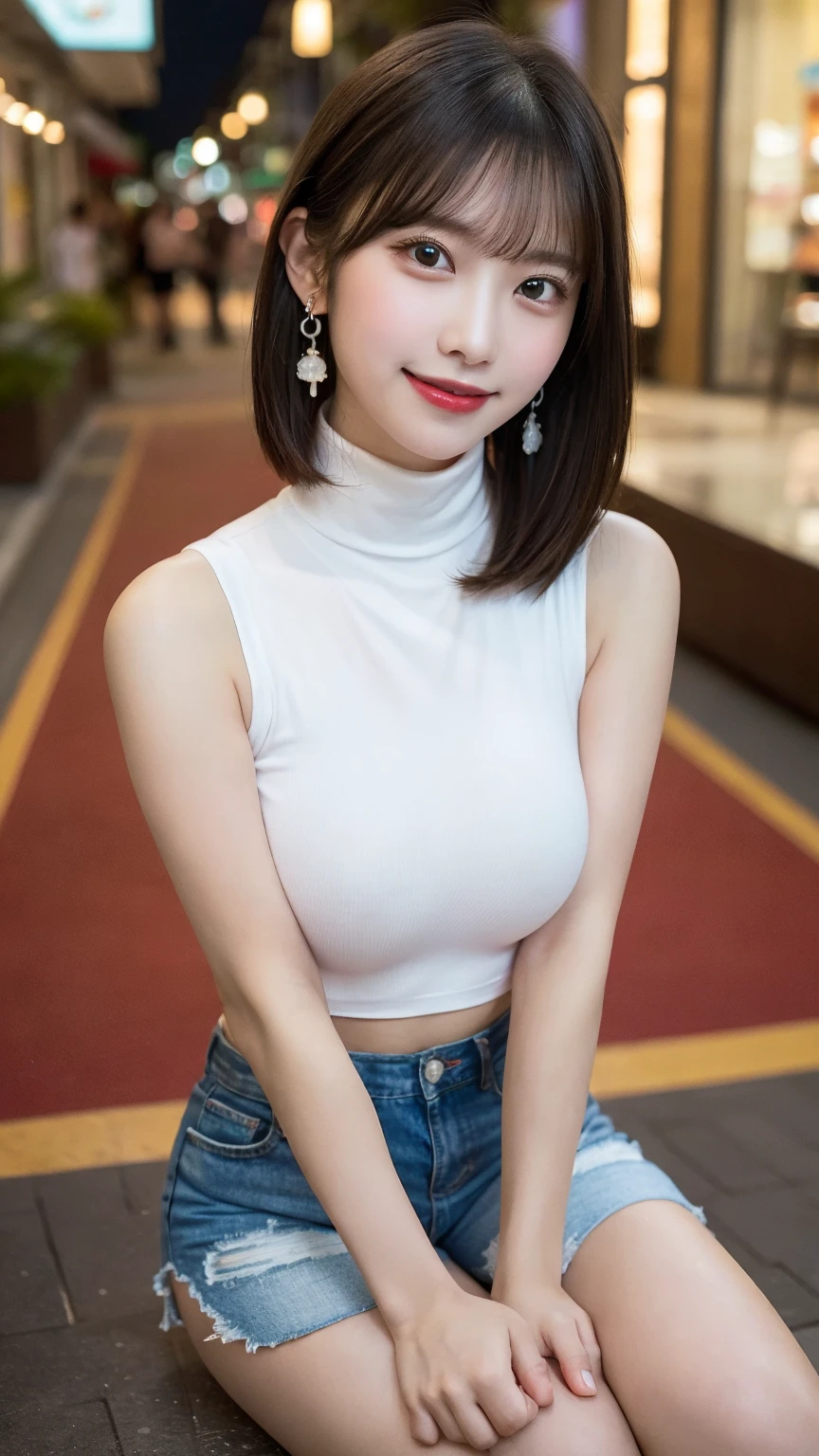 masterpiece, film grain, upper body photo of a Young girl in a white sheer fabric(short camisole), solo, hardnipples, absurdity, realistic(face, body, skin), (cute:1.35), cuties, (big breasts:1.275), detailed black eyes, innocent eyes, blusher, black choker, earrings, short hair, (messy bob hair), ?????? slip, ?????? slip out, Very Short Black Hot Pants, shiny pink lips, closeup, look at viewer, open lips, upper teeth, (smiling eyes:0.375), ((grinning:1.125)), depth of field, outdoors, cinema light, blurred background, eye focus, Bokeh, Professional Lighting, Portrait, Photon Mapping, Radiosity, Physically Based Rendering, soft light, (nsfw:1.1),