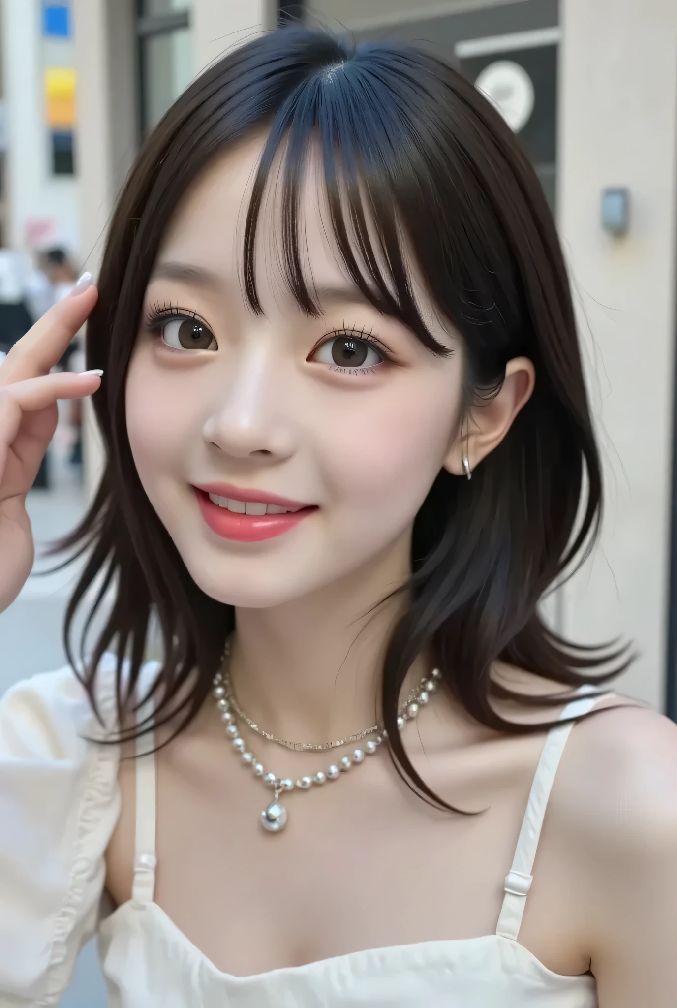 one high school girl：Large double eyelids : mascara：long eyelashes　：Focus on the eyes: Smile Yan：bungs : Princess Cut: pink lipstick : {{I'm wearing a clear white lace off-the-shoulder}：