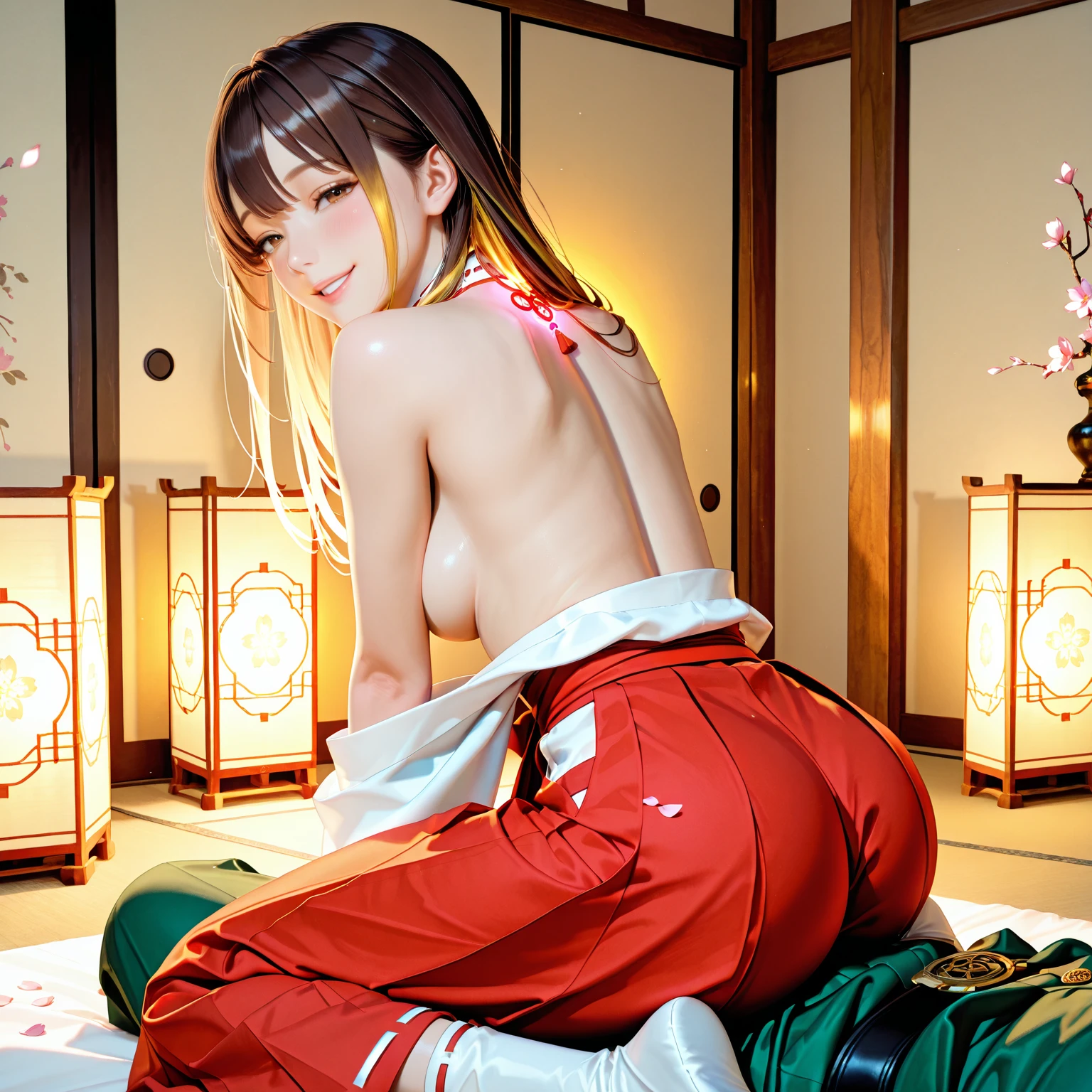 1girl,legs,a girl at building,(((building))), , braided bangs, tiny saggy breasts (b cup flat tits, erect nipples), braided ponytail,(solo:1.2),apron,thick thighs,side-tie panties, violet hair with red high lights, hand down panties, 26yo, cellphone in hand, sexy playful pose, looking at viewer, sunlight,hanfu,
