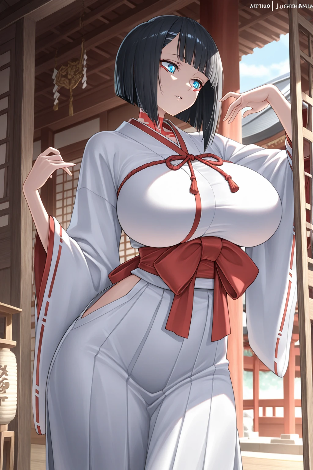 nsfw.high resolution,super fine illustration,vibrant colors, masterpiece, sharp focus, best quality, depth of field,high brightness colors:1.6,best light,ultra detailed,kawaii:1.6,shiny skin,delicate facial features,1 girl,solo,chubby girl,large breasts:1.3, saggy breasts:1.2,large areola,((kimono)),((black hair,long ponytail hair)),blush,aroused,brown eyes,((1girl is standing in a Japanese garden)),breasts,((1girl is exposing her breasts)),[[[muscular]]],(Japanese style garden),(full body)