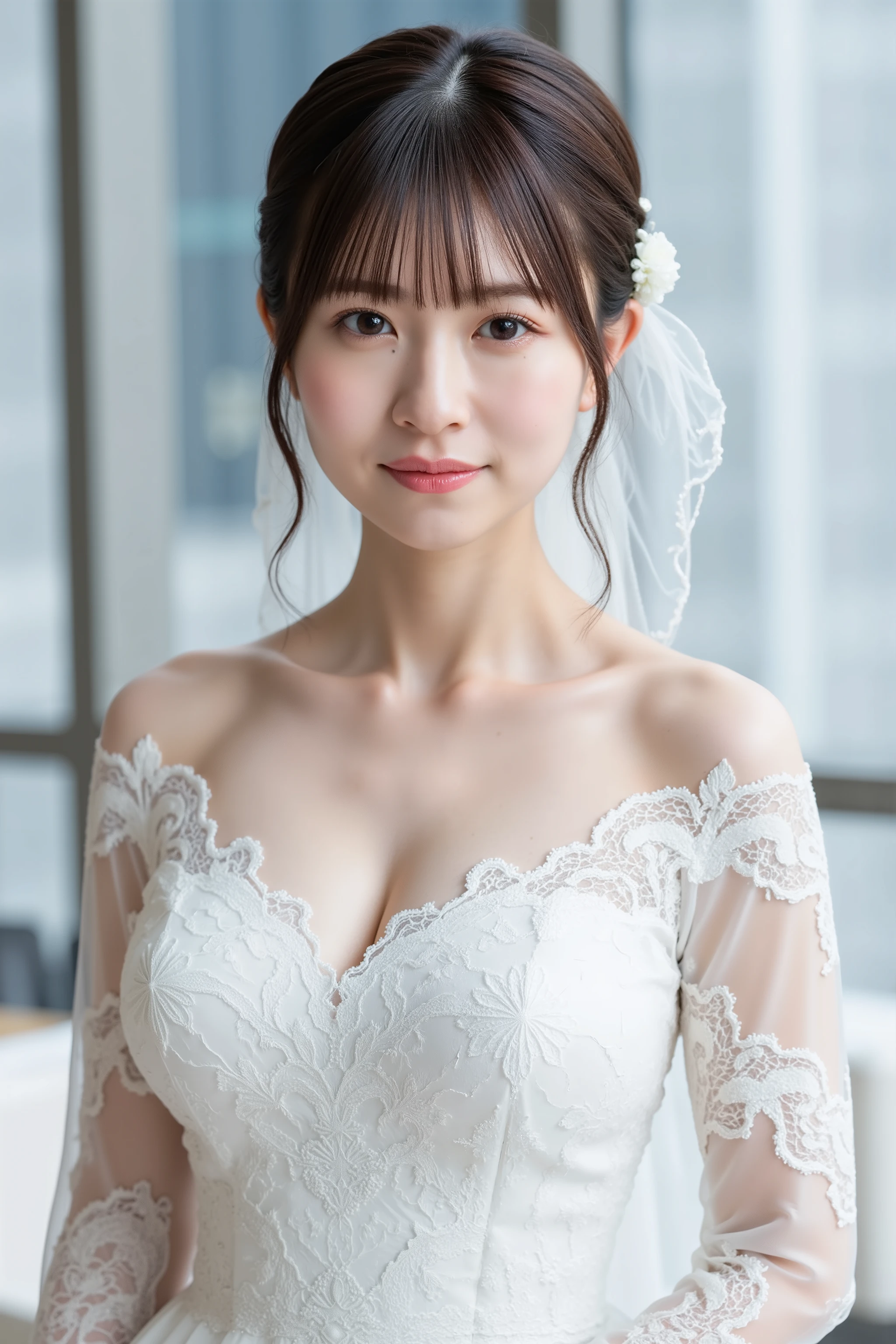 This photo captures a beautiful Japanese woman. White lace off-the-shoulder wedding dress, wedding veil,
The image is very high resolution, with clear skin texture.
The focus is very sharp and focused on her face.
This is an ultra-high resolution image.
Her facial expression is sexy.
She is facing forward.
She has shiny black hair.
Her skin is beautiful, fair, fine-grained, and even.
Her breasts are medium and firm.
office, city view, Skyscraper
Her breasts are medium and firm.
office, city view, Skyscraper