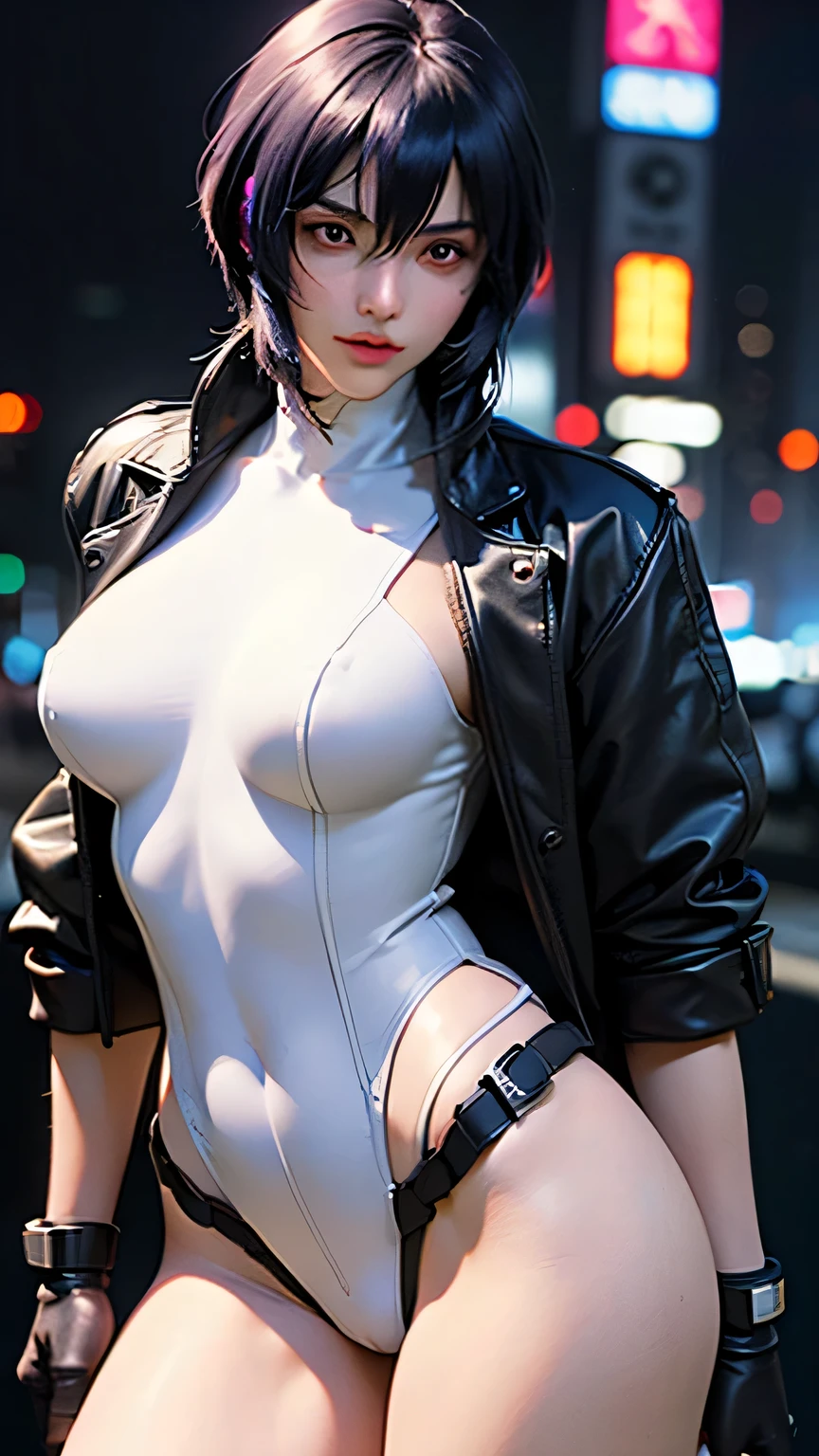 Solo, kusanagi motoko, Ghost in the shell, leotard, (((Special forces woman standing:1.4))),((White tactical high leg bodysuit:1.4)),((Black jacket:1.4)),(Black Gloves:1.4),(Serious:1.5,detailed face ),(short hair:1.4, Purple Hair),(detailed beautiful eyes, detailed face, perfect ),((Very detailed fingers drawing:1.3)),((Muscular:1.4)),(sex appeal:1.2),((Thick exposed thighs:1.3 )),(Beautiful body:1.3),((Very sensual:1.3)),(Skyscrapers at night in the background:1.4, Cyberpunk atmosphere:1.4),(((Blur the background:1.4))),(Written boundary depth:1.2), BREAK (((masterpiece, best quality, ultra detailed, High resolution, (Realistic:1.4), (Delicate depiction, Careful depiction), absurdres ))), 8k,wallpaper