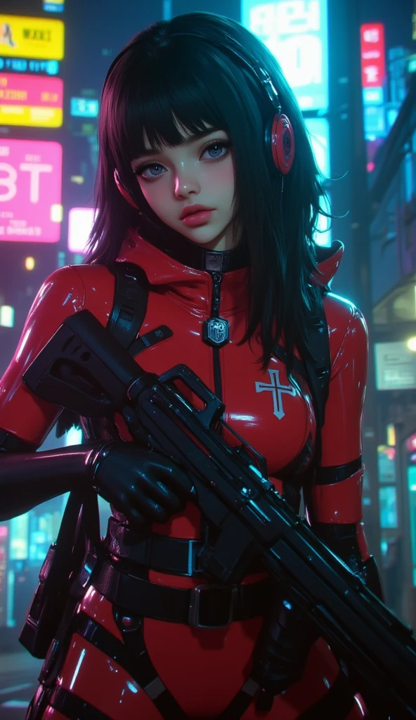 Beautiful girl,Mid-chest, Slender beauty,Wearing a sturdy jacket, Long Hair, Cyberpunk night scene with mechanical weapons, Cyberpunk Red Green Background