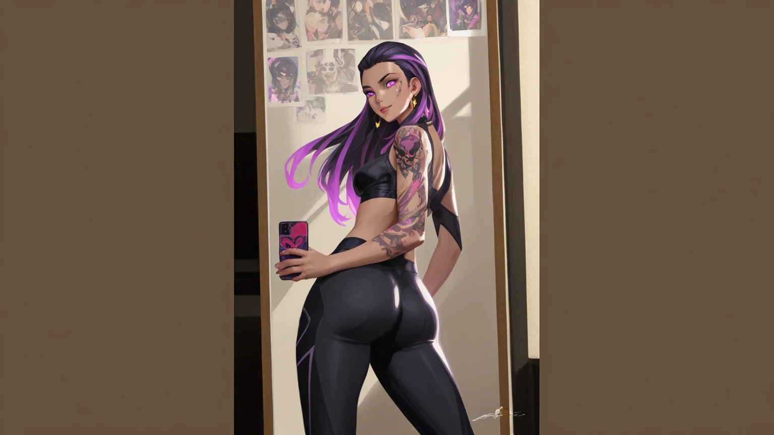 ((masterpiece, best quality)), Curvy purple-skinned alien woman with dark hair in white fullback panties, green tank-top, realistic art style, intricate details