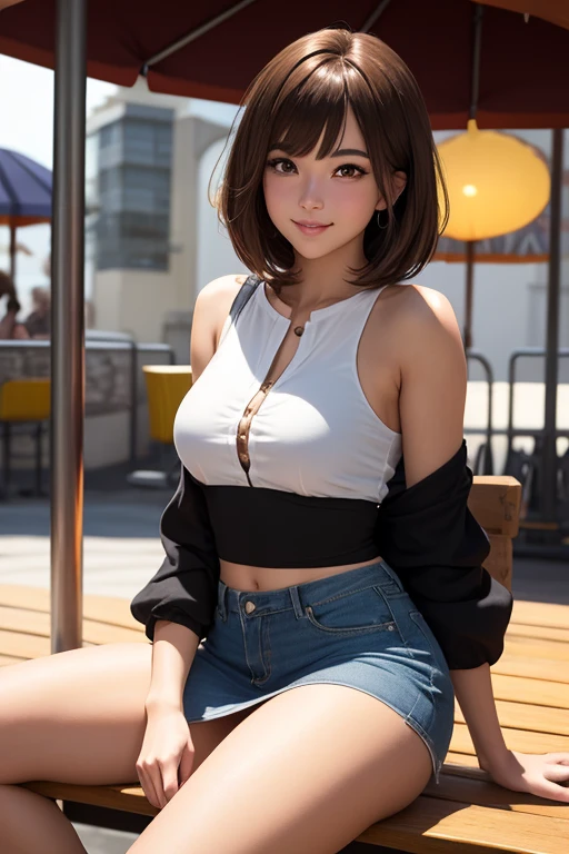(masterpiece), face of a teenager, symmetrical, photorealistic, surreal, beautiful, upper body, bob_cut hair, leather choker, wearing a simple transparent sweater, ripped jeans shorts:1.3, perfect ???????, (no underwear), large breasts, supernumerary_nipples, seductive and erotic, looking at the viewer, blush, humble, curvy, elegantly formed, very innocent smile, slightly muscular, elegant, close to perfection, dynamic, highly detailed, character sheet, 8k photography, professional photoshoot, conceptual art, highly detailed, smooth, positioned so that the body is symmetrical and balanced directly to the viewer, cinematic lighting, photorealistic, lap of nature