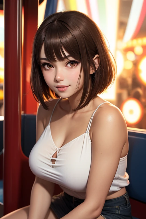 (8K, Best quality, Masterpiece: 1.2), (Realistic, Photorealistic: 1.37), Super detailed, 1 girl, Cute, Alone, Beautiful detailed sky, Detailed Cafe, Night, Sitting, Date, ( nose blush), (closing the mouth) , Beautiful details, (Collared shirt: 1.1), Night, Wet, business dress, rain, White lace, (Short hair: 1.2), Floating hair NovaFrogStyle,huge tit,gigantic cleavage breasts