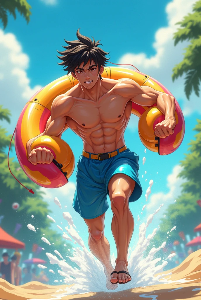40-year-old male、Murloc、Strong body、Holding a three-pronged trident、Manipulating the sea、Dark blue short hair、Muscles、Jagged teeth、Strong smile