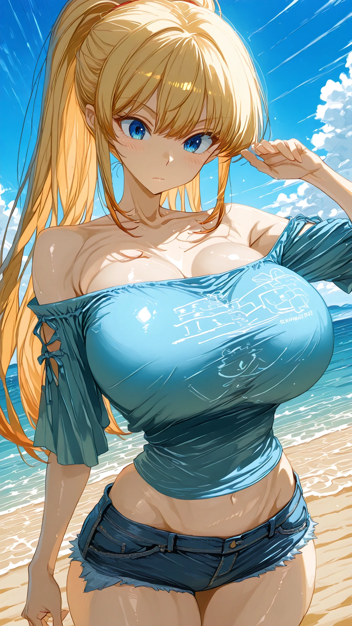 Beach, blond hair, twintails, large breasts, leaning forward