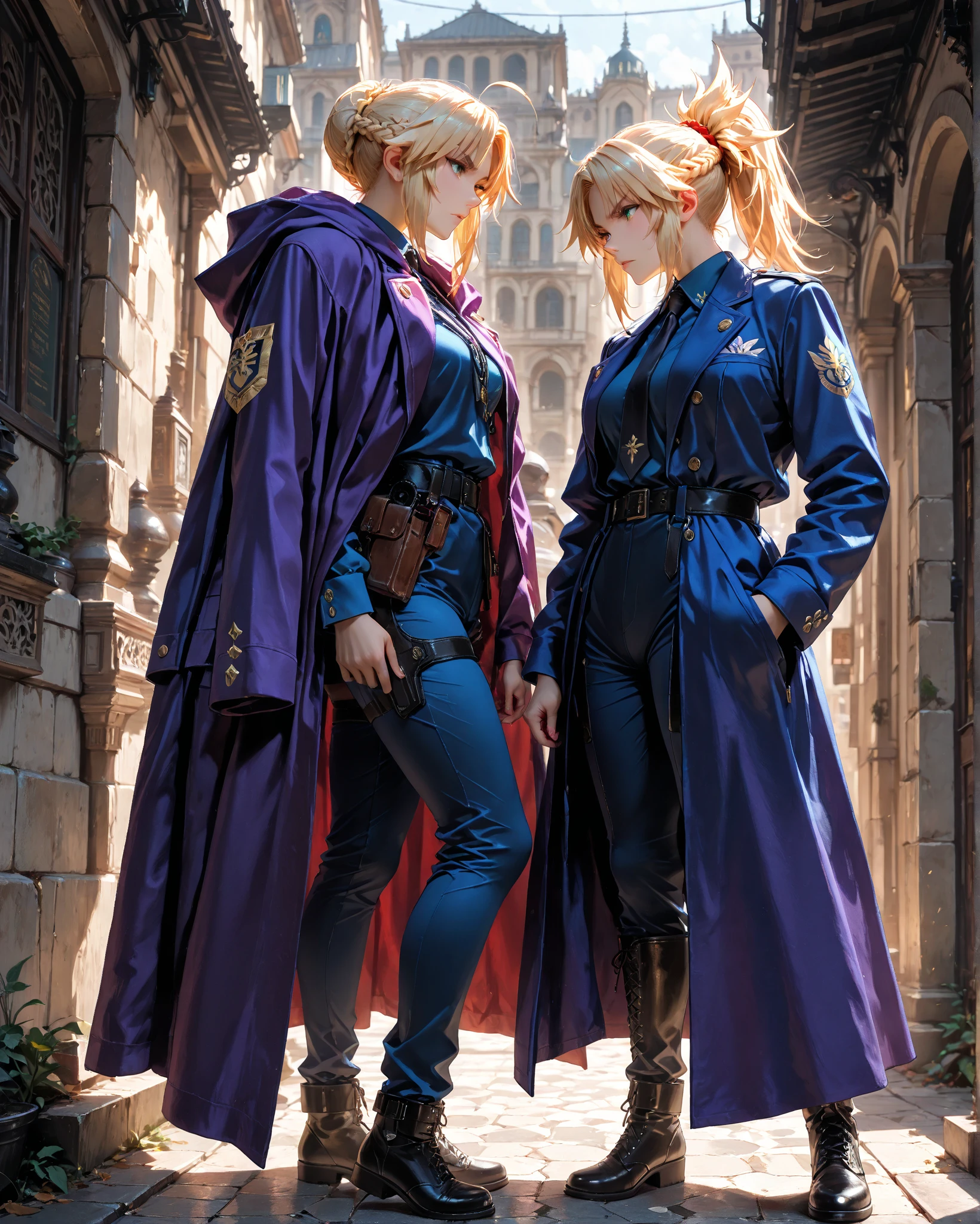 (masterpiece, best quality),Anime couple、Walking through a sci-fi city filled with feasts and debauchery. A Cute girl with waist-length white hair and golden eyes,detailed eyes,Leading a beautiful woman with medium length hair.,blue eyes,large breasts, The shadows of a dragon and a phoenix emerge behind him.. Close-up perspective. Concept art Makoto Shinkai,Makoto Shinkai, I love the concept art, Loss transformer. Landscape Background,