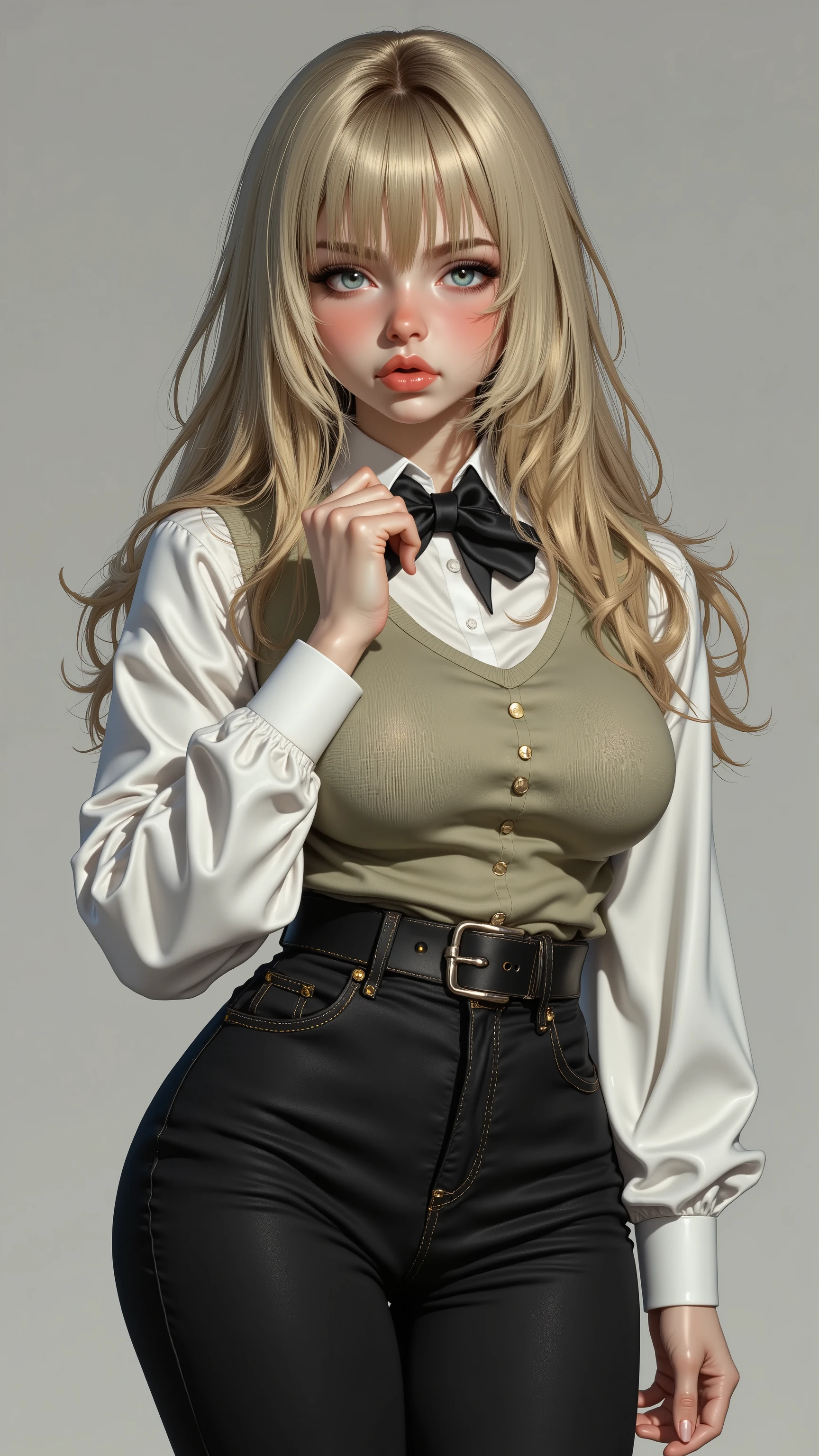 Doll,16k, high detailed picture, realistic style, masterpiece, very young girl, disheveled hair, full body shot, shy, snub nose, a long strand of bangs hangs between her right eye, light blue eyes, big eyes, hair over one eye, light hair, long hair, (sexy outfit, tight outfit, bursting breasts, tight-fitting trousers, long-sleeved white shirt, bowtie, tight-fitting vest, gigola) 