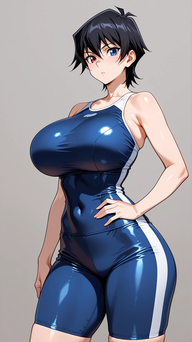 A boyish, short-haired beauty with big breasts and beautiful legs is standing in a competitive swimsuit with her legs spread to the sides, hands on her hips, and a blush on her face.。