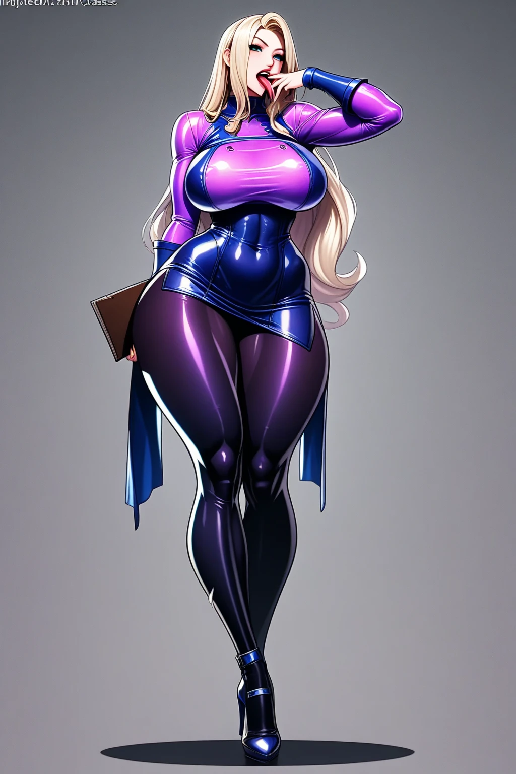 full body standing straight symmetrical, huge boob(masterpiece, best quality:1.2), cowboy shot, solo, 1MILF, smile, looking at viewer, hands on hips, dress, blue pantyhose, striped pantyhose, Handcuffs on their hands, With a collar around the neck