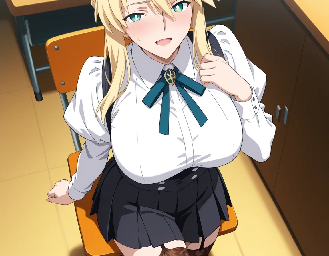 (Highest quality), (Very detailed),(art CG),(Realistic),OL,Black Pantyhose,Black knee high sock,Brown Skin, Big Breasts, Long Hair, Mature Woman,Blonde, Perfect Eyes, Perfect Face, Earrings, office worker,(Stylish clothing), (Pencil Skirt),(open-chest),Sit in an office chair,