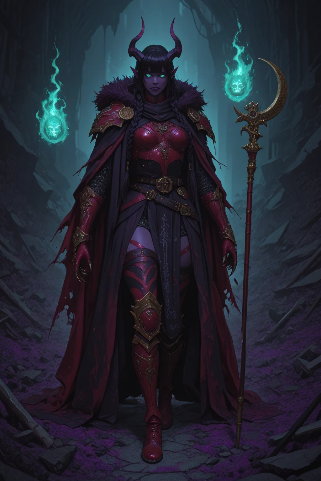 purple hair, elf, necromancer full body, skulls in the background, casting a spell