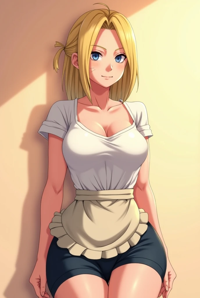(Temari), ((((masterpiece, best quality, high resolution)))), 1girl, blonde hair, purple eyes, average breasts, blush, light smile, parted lips, glow, thighs, nipple, groin, pussy, bare shoulders, collarbone, narrow waist, cleavage, (masterpiece), (beautiful detailed face, beautiful detailed eyes), (naked apron, kitchen, arms behind back,)