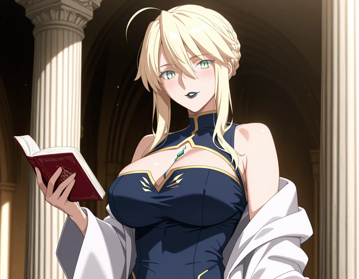 lorraine vivie, 1girl, blonde_hair, long_hair, solo, yellow_eyes, bangs, earrings, black_choker, large_breasts , breasts , collarbone, cleavage, dress, gloves , cowboy shot, <lora:Lorraine Vivier:0.7>, best_quality, highres, extremely_detailed, anime perfect detailed style, 8k, masterpiece, anime art style, anime coloring,