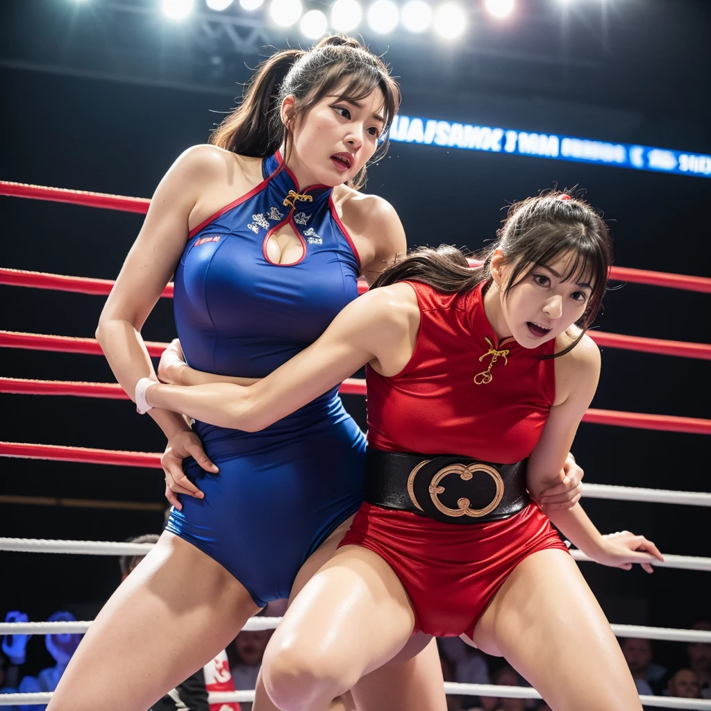 (best quality,4k,highres,masterpiece:1.2),ultra-detailed,(realistic:1.37) A pair of cute, athletic, exotically dressed with bright colors, Japanese women, wrestle each other in a stadium wrestling ring,under the dazzling lights. The women have intricate face paint and wear vibrant costumes that showcase their individuality. They have (long, flowing hair), and their eyes are (expressive and captivating:1.1). The ring is surrounded by cheering spectators who are on the edge of their seats, adding to the atmosphere of excitement. The stadium is filled with top-notch studio lighting that highlights every muscle and movement of the wrestlers. The scene is depicted in a (striking, vibrant:1.1) art style, with intense colors that enhance the energy and fierceness of the wrestling match. The lighting casts dramatic shadows and emphasizes the power and determination of the wrestlers. The women exhibit exceptional strength and agility as they engage in various (graceful balletic movements) and (powerful throws). The intensity of their match is enhanced by the use of (slow motion techniques). The entire scene exudes a sense of (jaw-dropping athleticism and elegance) as the women showcase their skill and passion for the sport.