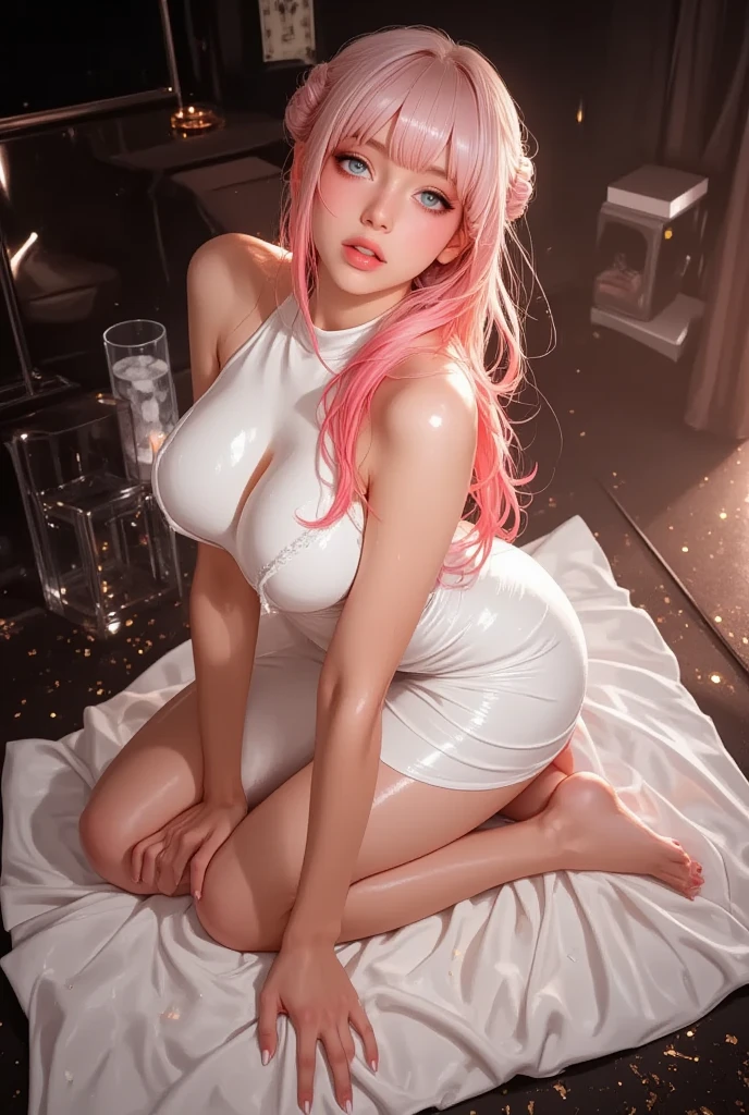 mature female anime, long pink hair, blue eyes, slim figure, beautiful smile, elegant party night dress, 4k resolution