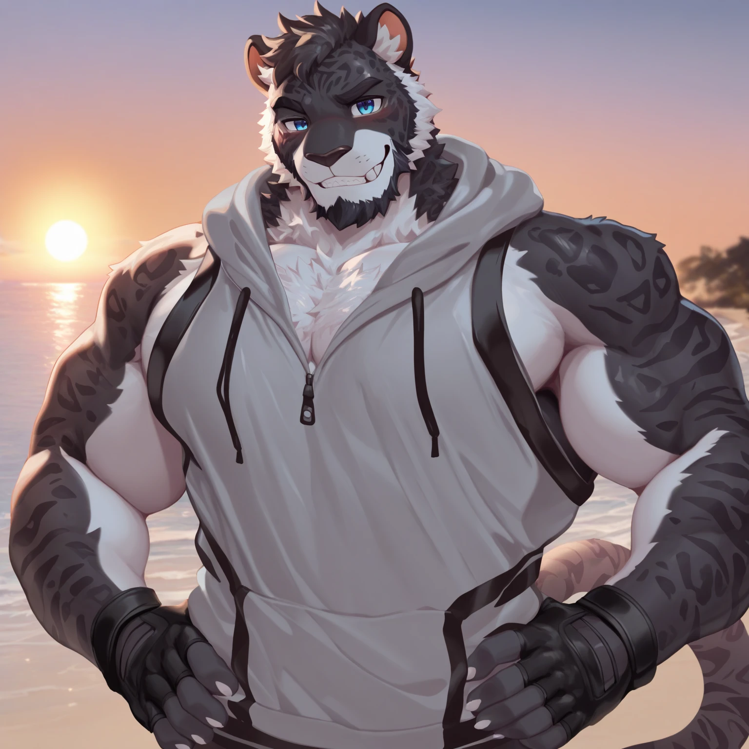 suggestive content, highres, super high resolution, beautiful details, beautiful blue eyes, depth of field, solo focus, detailed background, high quality, good lighting, high res, (((masterpiece))), 8k, depth of field, ray tracing, detailed background, great lighting, detailed face and body, detailed lighting, [cinematic lighting], [backlighting], [detailed ambient light], [gray natural lighting], [sharp focus], solo, black lynx cat, black lynx cat, black fur, black sclera, blue eyes, red chest hair, long black mane, long black hair, red whiskers, black tail, black tail with red tip, male anthro cat furry, canid, feline, werecat, muscular, hunk, handsome, sexy, beefcake, stud, seductive expression
(Standing in an beautiful beach), (close up, extreme close up), (headshot):1.3, (wearing black gray tank top, summer shorts),
(detailed fluffy fur, fluffy, detailed fur):1.2, [tuft, neck tuft, neck fluff, tufted fur, fur tuft, inner ear fluff],
by darkgem, by honovy, by spectrumshift, by tarakanovich, by zourik,