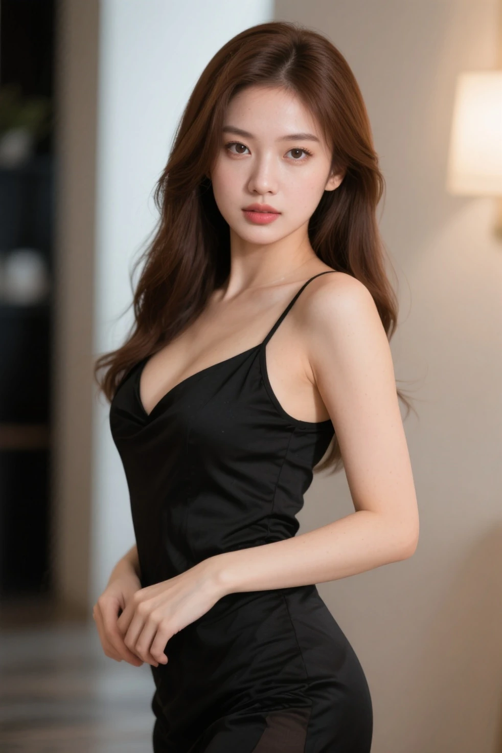 beautiful young woman with, Black Camisole Dress, hyper realisitic, , Body of the model, Small breasts, Beautiful breasts, Middle hair, Curly hair, Long legs, 8K, Sunlight, Ambient lighting, (quality: 1.2), (Rembrandt lighting: 1.3), (savanna: 1.2), (telephoto) and stunning background, In front of the lake, Fortnite Mesh Capture, Realism in the game style since、very small breasts、.small 、extremely small breasts、A-cup breasts、Model body type、Slimed、A slender