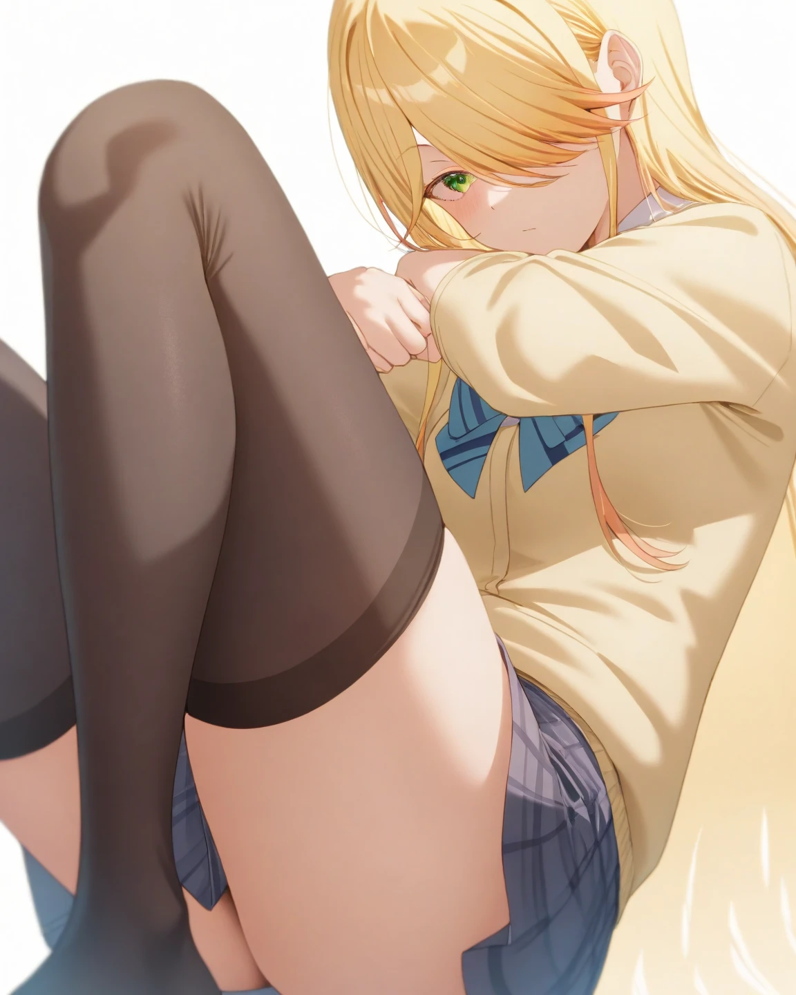 Photorealsitic:1.2、masutepiece, Best Quality,Perfect focus, 1girl in,petite body type,(Ahayasaka, Side Ponytail, medium breasts, Necklace, Collared shirt, Black vest, sleeves rolled up, clothes around waist, Black skirt,Yellow hair,blue eyess,Blonde blue-eyed),On the bet,((Lying on your back:1.5)),(Spread legs:1.5),Visible panties ,Hands on shoulders,(White string panties,Very thin wet panties,Bite into panties),Looking at Viewer, Cute, tiny chest,Beautiful detailed eyes, embarrassed, is crying,A slight smil,Late night bedroom background,(Shot from the floor: 1.55),(Close-up in panties:1.45),Sweaty crotch,(Ceiling from below:1.3)、From below、Low position shooting、